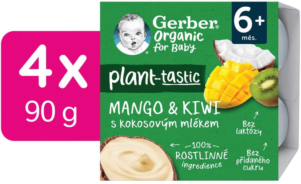 Gerber Organic 100 % rastlinný dezert mango a kivi s kokosovým mliekom 4x 90 g